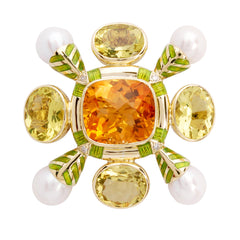 Brooch- Pearl, Lemon Quartz, Citrine And Diamond (enam