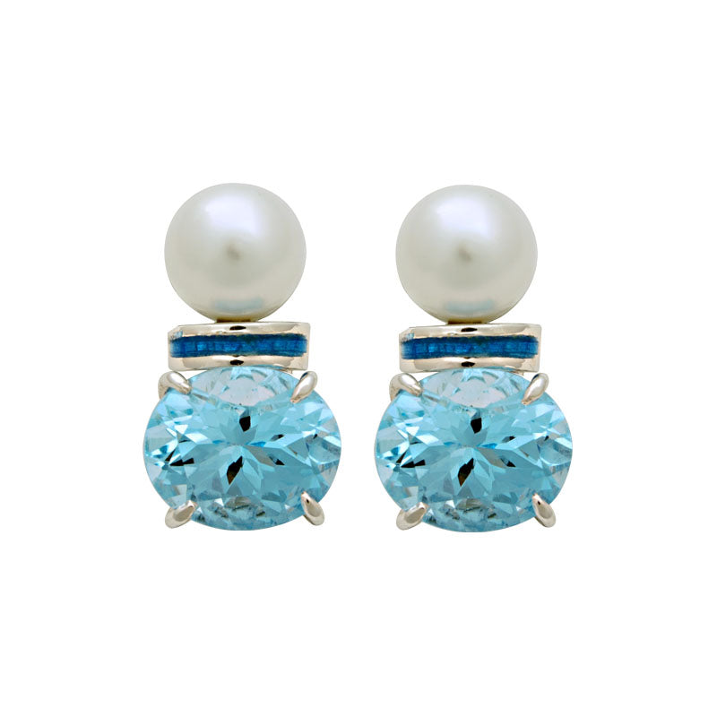 Earrings-South Sea Pearl and Blue Topaz (Enamel)